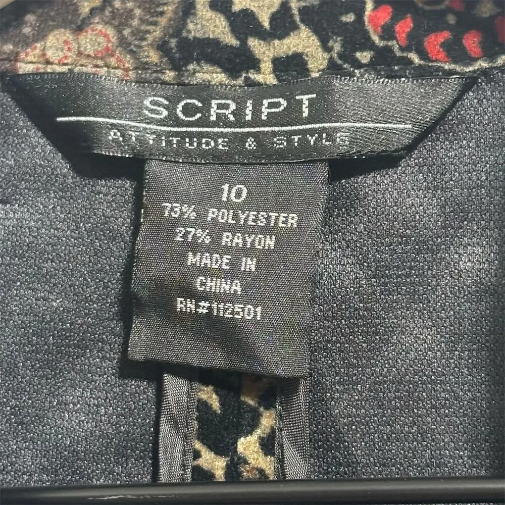 Script Size 10 Velvet Blazer‎ Burnout Floral Leopard Print Jacket Black Red Tan